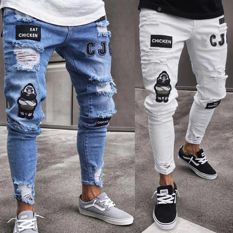 White Embroidery Skinny Ripped Jeans Men Cotton Pants