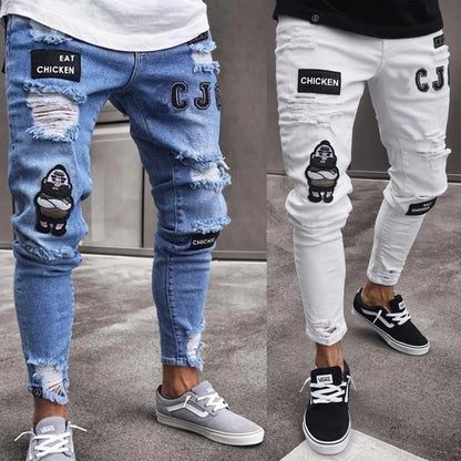 White Embroidery Skinny Ripped Jeans Men Cotton Pants