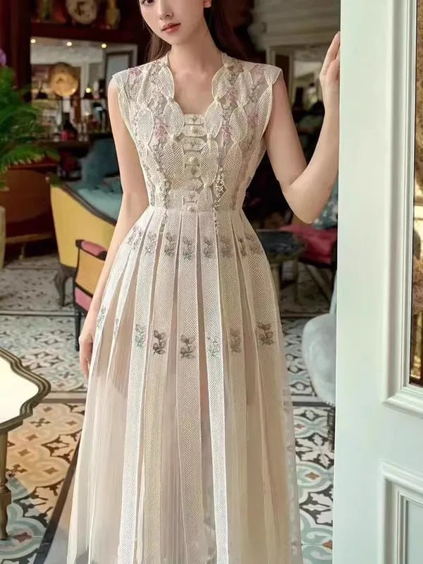 Retro Flower Embroidered Flares Dresses Spring Women V-Neck Sleeveless Long Dress Summer High Waist Big Swing Knee Length Dress