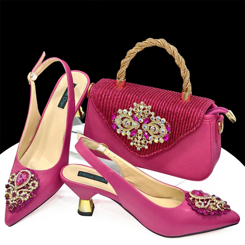 Women's Pink High Heel Frosted Crystal Shiny Rhinestone Party Pointed Shoes And Bag