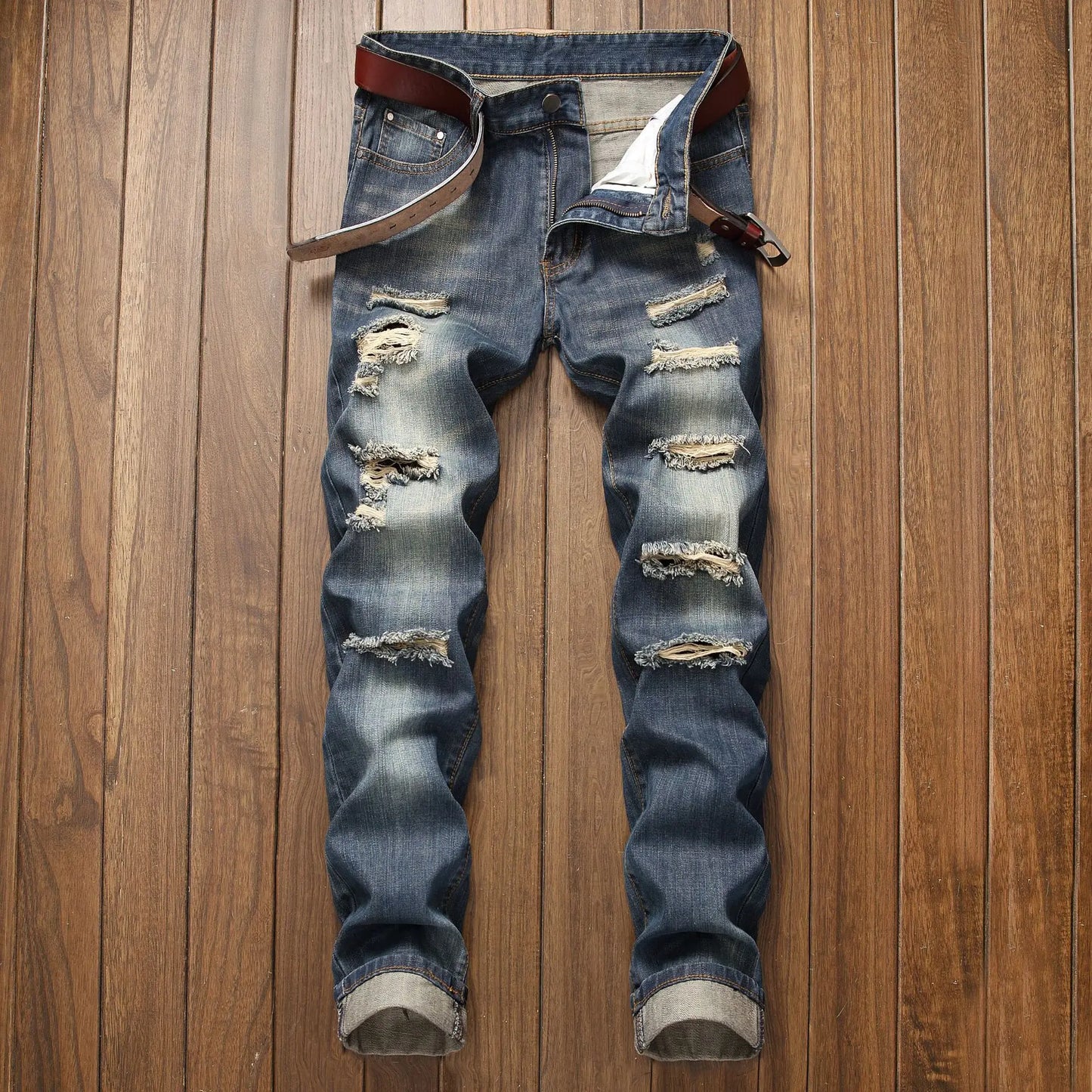 Fall New Men's Wear Ripped Straight Fit Stretchless Jeans