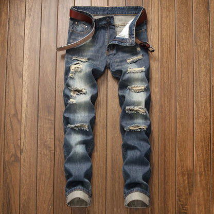 Fall New Men's Wear Ripped Straight Fit Stretchless Jeans