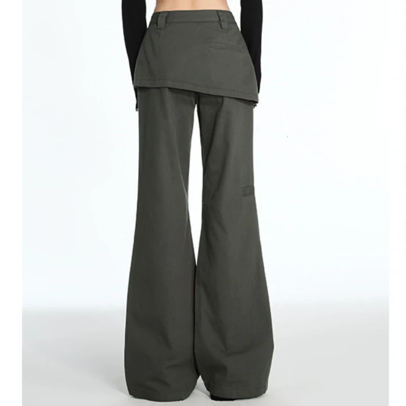 Plus Size Retro Fake Two-Piece Fart Curtain Jeans 2025 Spring Autumn Micro-Pull Cargo Slimming Straight Stacked Wide-Leg Pants