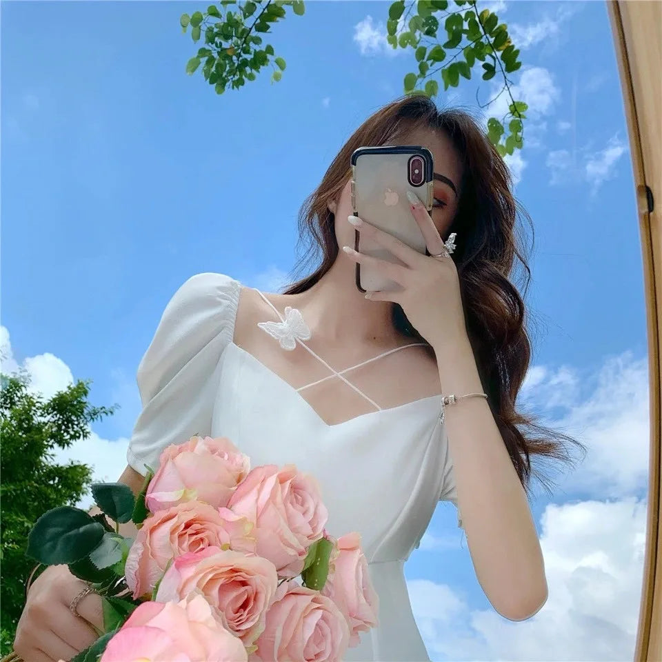 EVNISI Women Summer White Dress Puff Sleeve Party Dating Dress Square Neck A-line Fashion Casual Solid Holiday Dress 2024