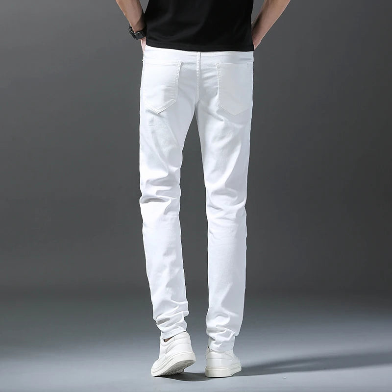White Men's Jeans Straight Slim Solid Color Casual Denim Trousers Classic Male Pants