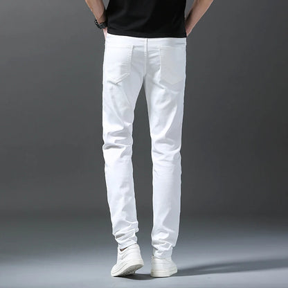 White Men's Jeans Straight Slim Solid Color Casual Denim Trousers Classic Male Pants