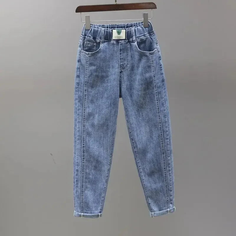 2024 New Women's Jeans High-waisted Elastic Waist Slimming Straight-leg Harem Trousers Autumn Fashion Trend