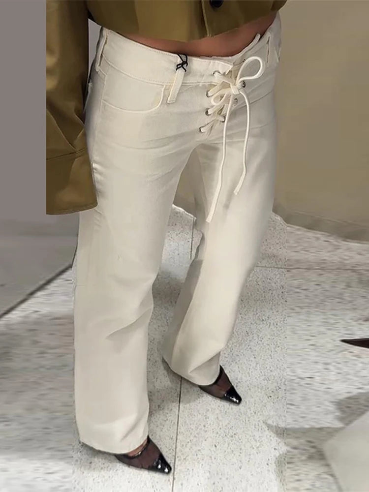 Drawstring Jeans Women Loose White Lace Up Pockets Low Waist Straight Long Pants 2025 Autumn Casual New Fashion Lady Streetwears