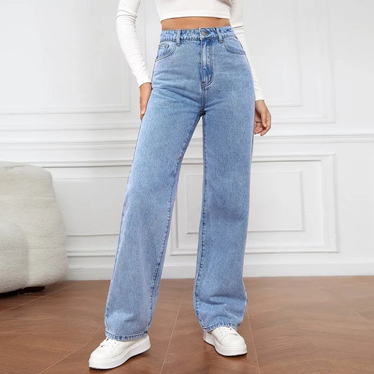 Straight High Waist Jeans Women Leg Pockets Basics Ankle Length Pants