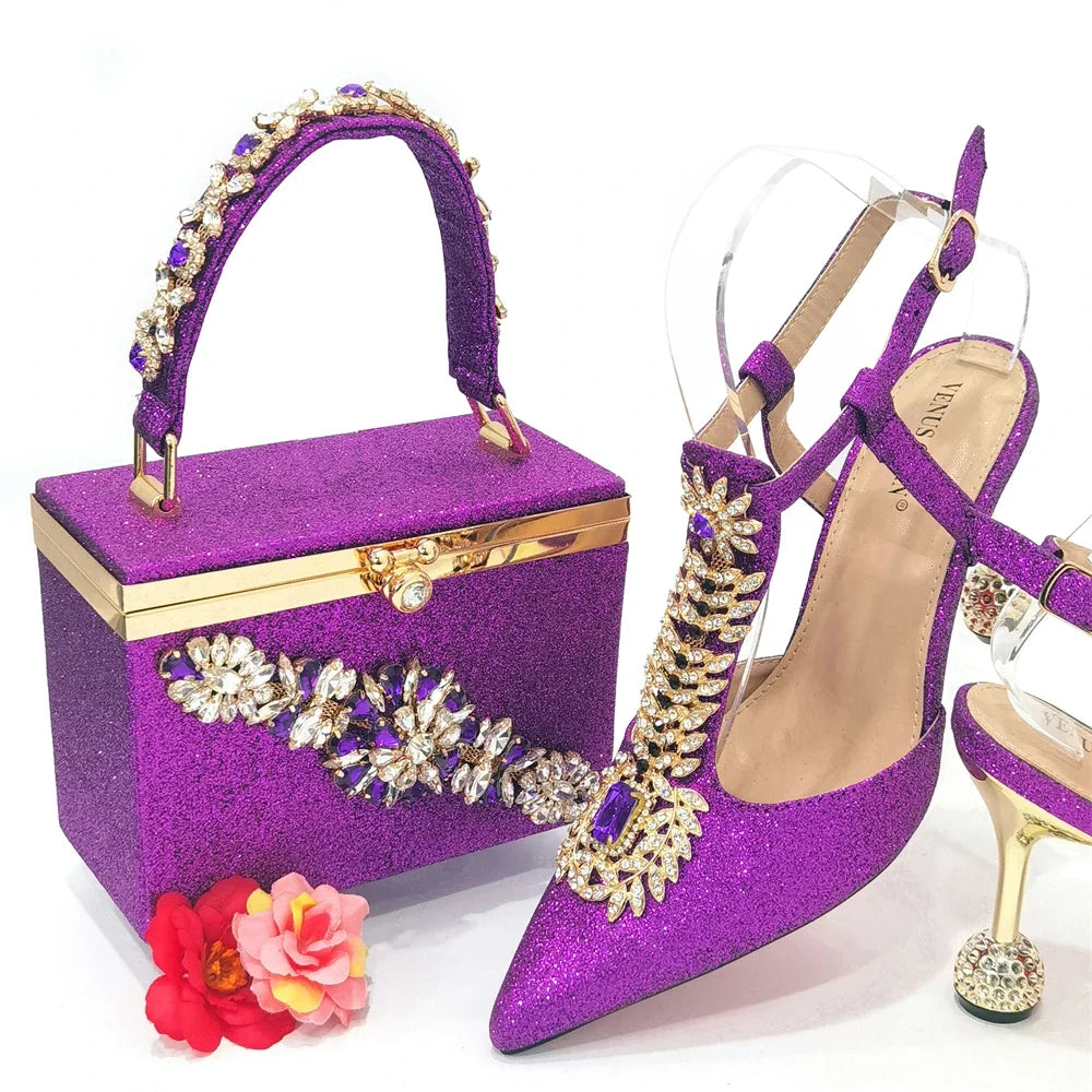 Pointed Toe Wedding Shoes And Bag, Full Diamond Decoration Metal Closure Bag
