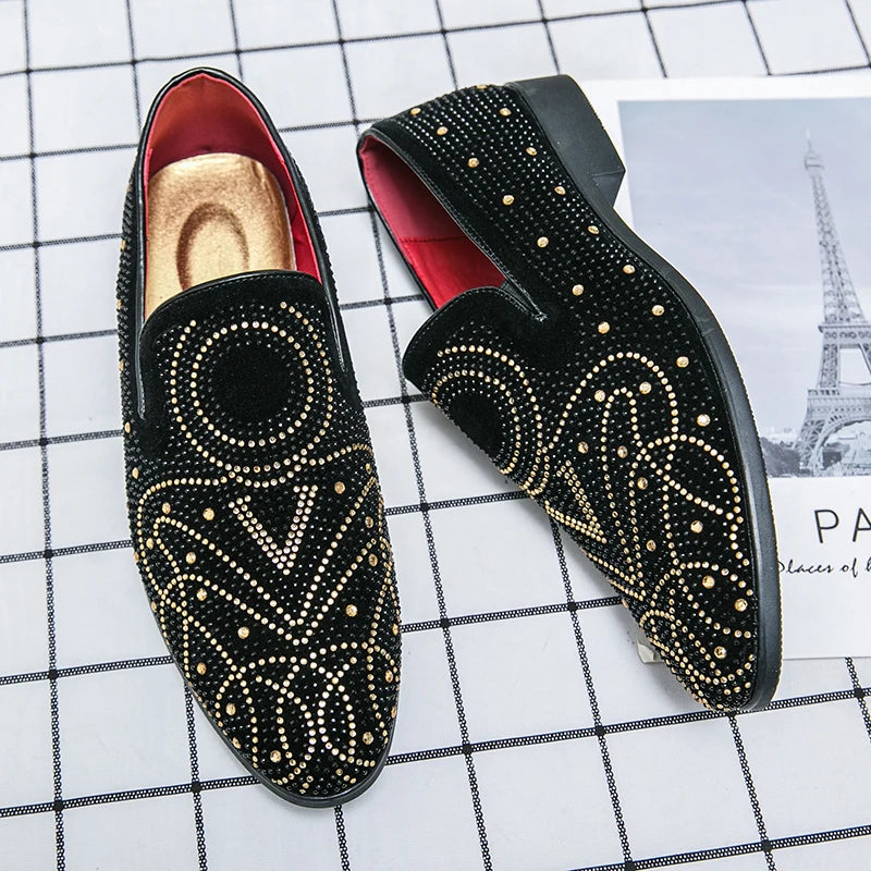 2024 new riveted rhine-drill pointed leather shoes male hair stylist fashion shoes a slip-on lazy casual men's shoes