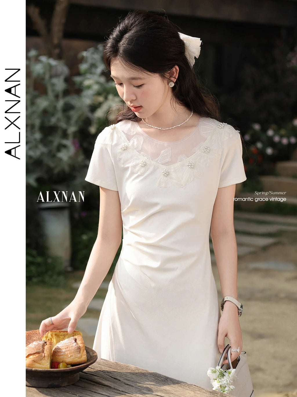 ALXNAN Women's Dress Long Elegant Holiday Party Dress 2025 Summer Pearl Beaded Lace Patchwork Design Chic Casual Clothing L55219