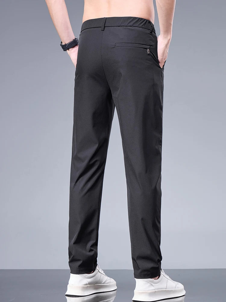 Business Ice Silk Pants Straight Elastic Waist Black Gray Trousers