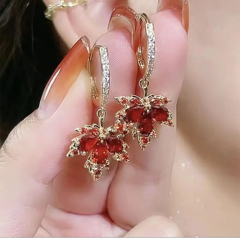 Vintage Gold Color Red Crystal Zircon Ear Earrings For Women