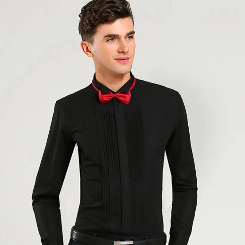 New dovetail stand collar wedding dress men's long sleeve shirt French buckle event performance solid color shirt send bow tie