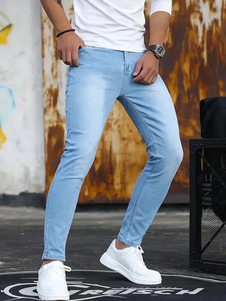 Man Classic Style Pants Light Blue Stretch Jeans Zipper Casual Slim Fit Trousers Male Pencil Pants Denim Skinny Jeans Men Brand