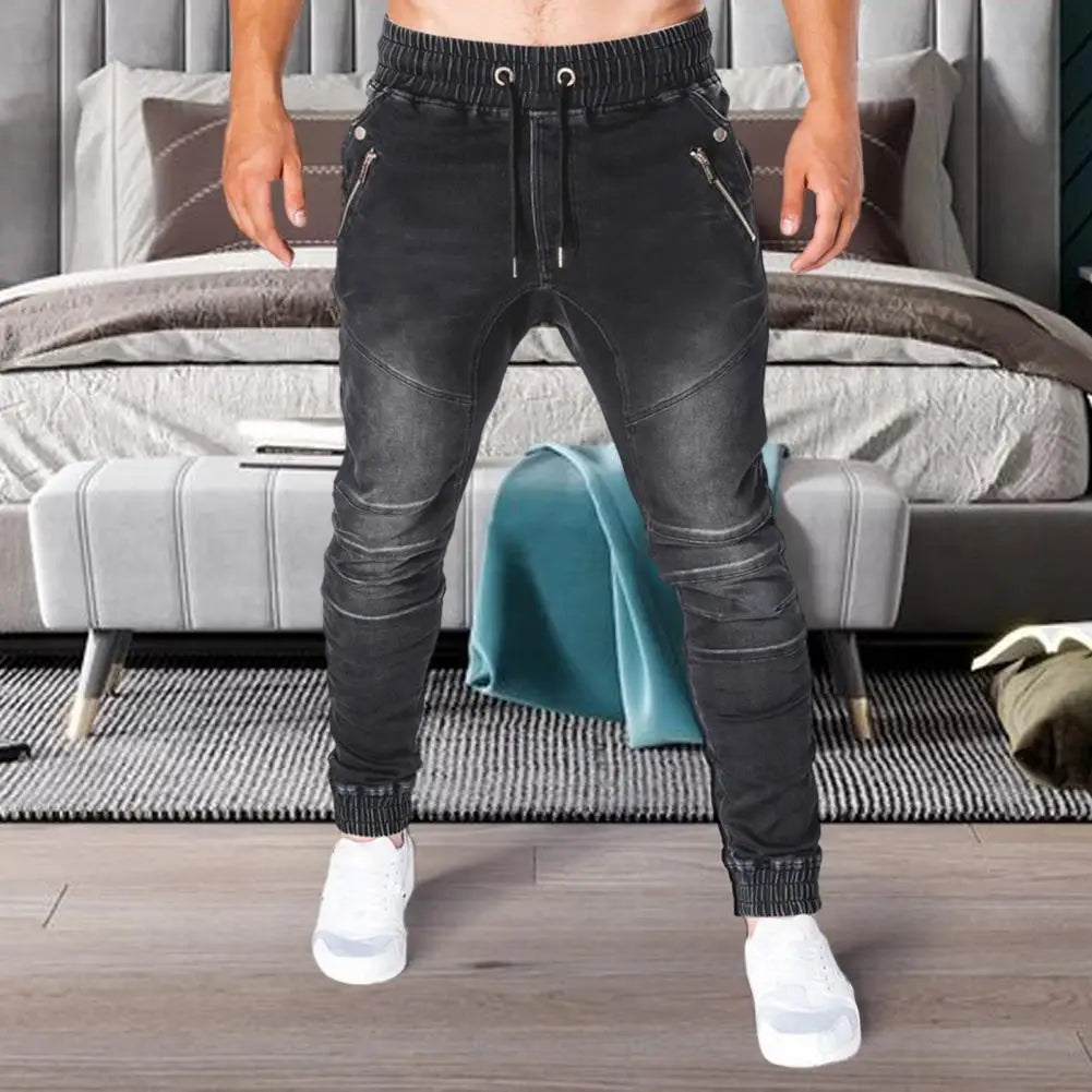 Men Jeans Slim Male All Match Ankle Tied Lace-up Denim Pants   Denim Pants  for Work