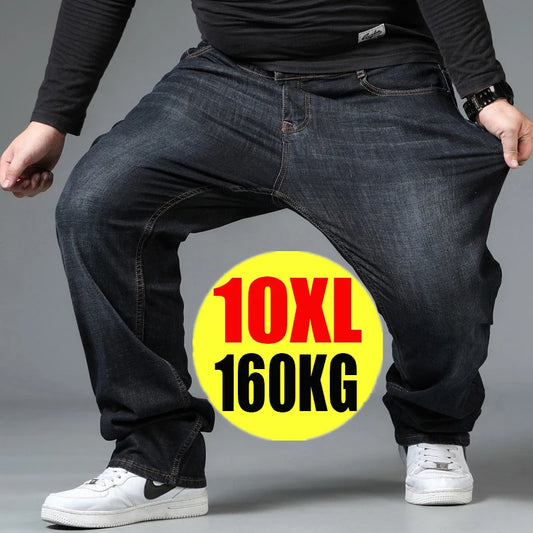 Mens Large Size Black Jeans 10XL Oversize High Waist Loose Trousers