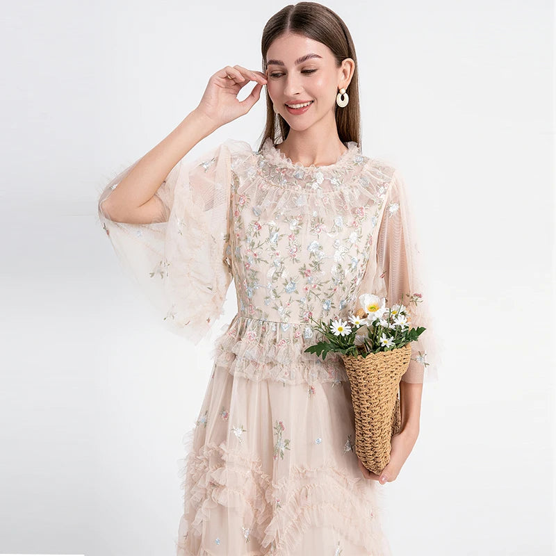 Summer Holiday Embroidery Flower Ruffles Midi Party Evening Dress