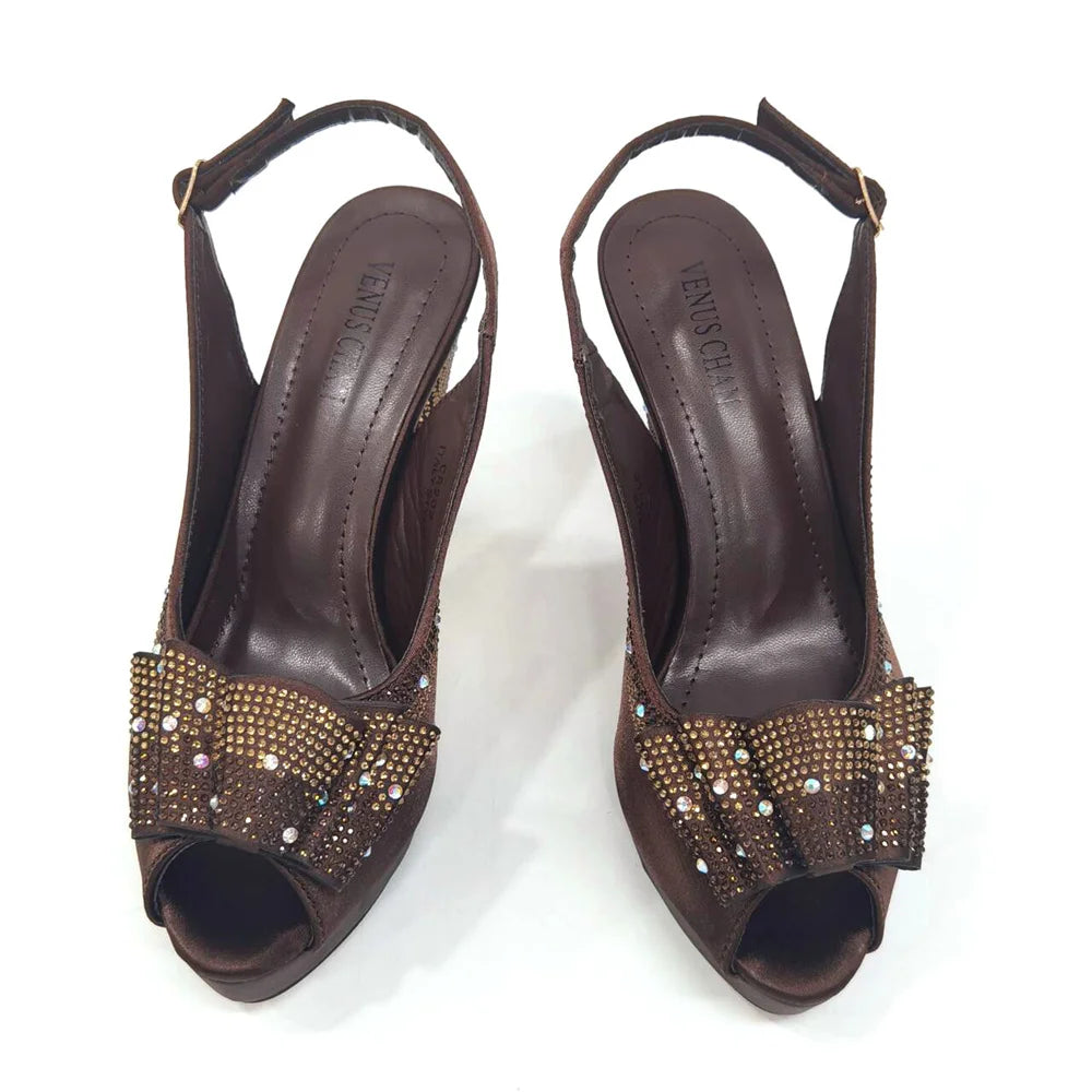 Women High Heels Sandals Printing Flower Material with Rhinestone Open-Toed Shoes