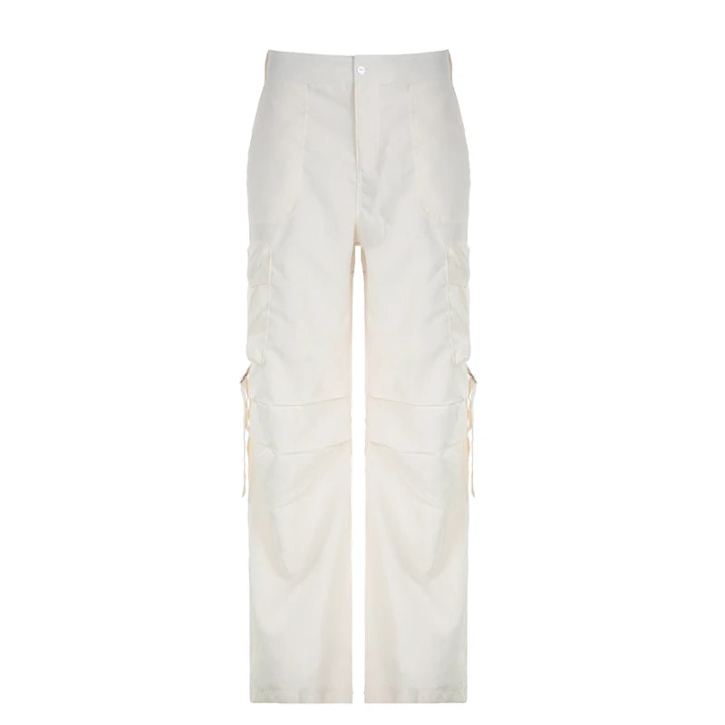 Streetwear Basic Buckle Cargo Pants Women Solid Straight Leg Big Pockets