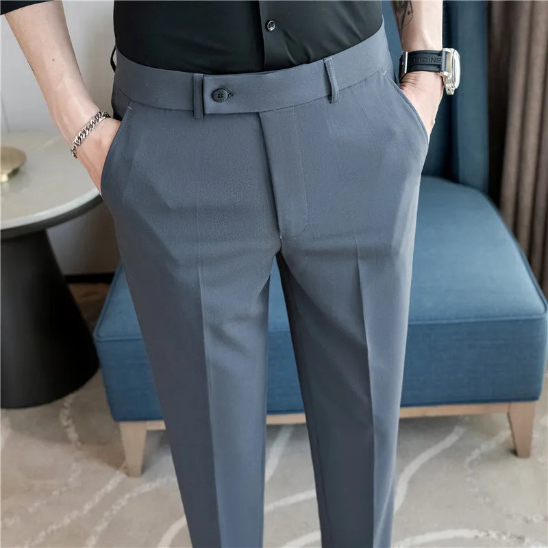 New Summer Men’s Suit Pants Solid Color Korean Slim Smart Casual Ankle-Length Pants Men Wedding Dress Office Suit Trousers Man
