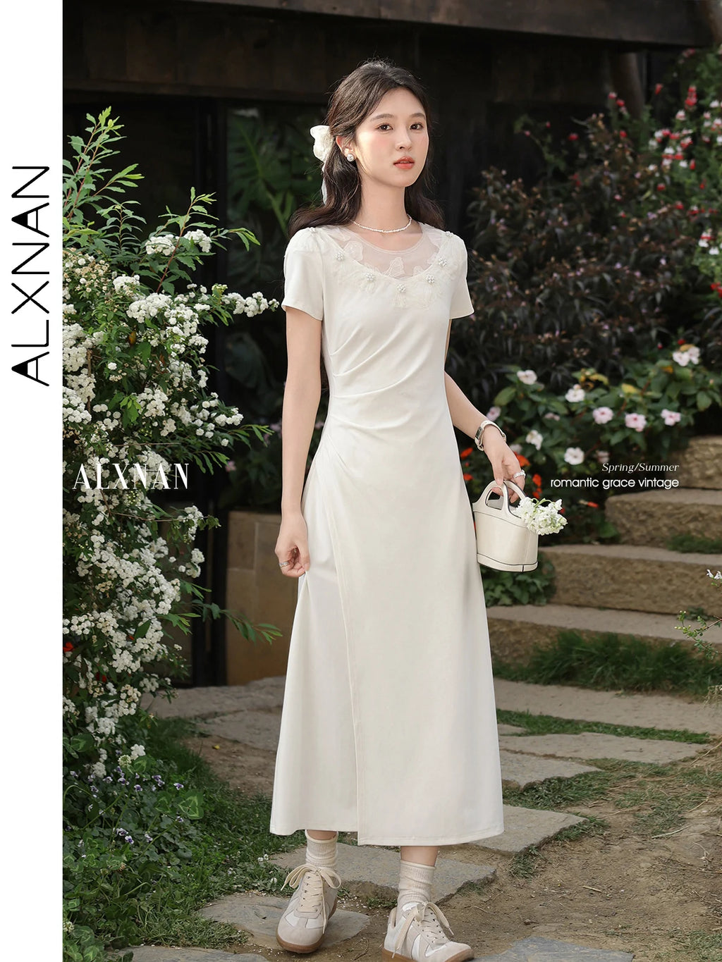 ALXNAN Women's Dress Long Elegant Holiday Party Dress 2025 Summer Pearl Beaded Lace Patchwork Design Chic Casual Clothing L55219