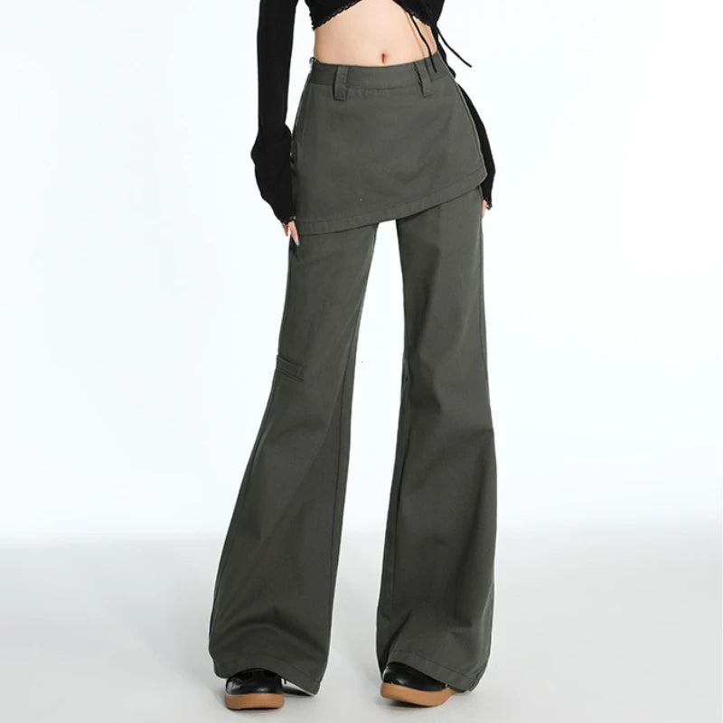 Plus Size Retro Fake Two-Piece Fart Curtain Jeans 2025 Spring Autumn Micro-Pull Cargo Slimming Straight Stacked Wide-Leg Pants