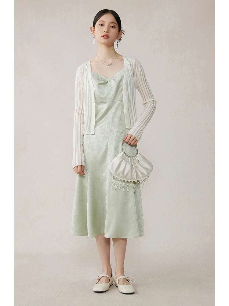ZIQIAO New Chinese Style Slim Fit Classic Suspender Dress For Women 2024 Summer Vibe Romantic Mint Mambo Midi Dress 24ZQ92011