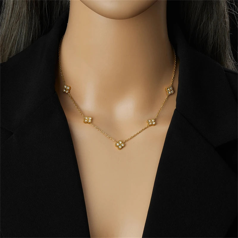 Stainless Steel Zircon Splicing Golden Flowers Necklace For Women