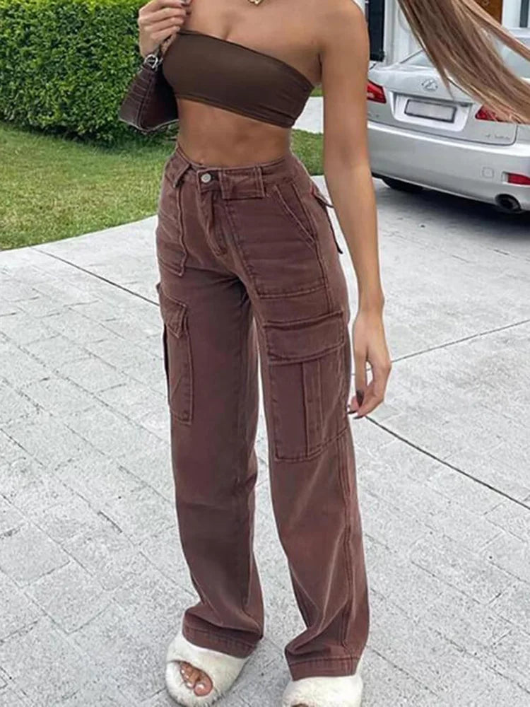 Women Wide Leg Baggy Brown Jeans Lady Vintage Y2K Punk High Waist Loose Denim Cargo Pants Streetwear Pockets Oversized Trousers