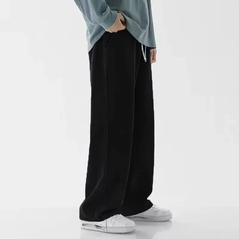 2025 New Korean Men's Casual Long Jeans Classic Man Straight Denim Wide-leg Pants Solid Color Light Blue Grey Black