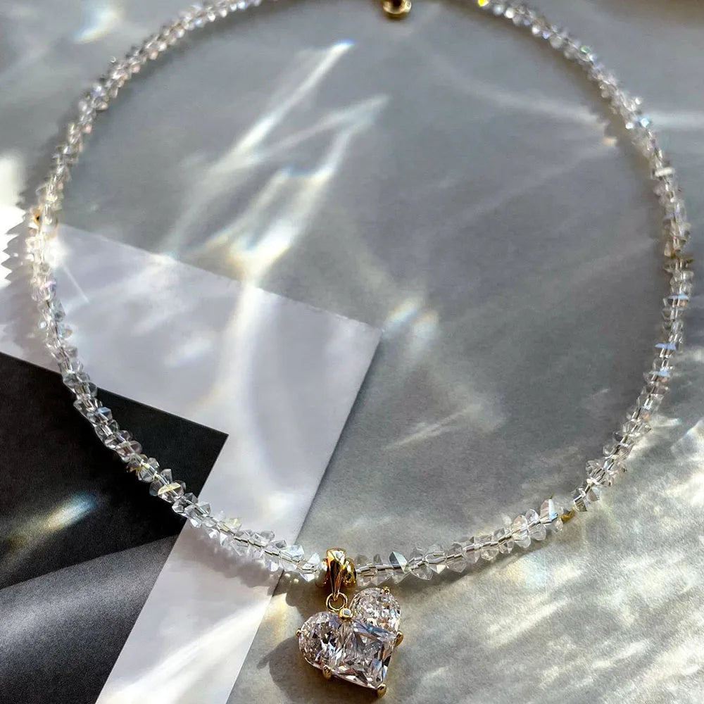 Irregular Beads Chain With Crystal Heart Pendant Necklace for Wome