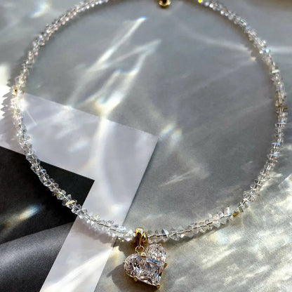 Irregular Beads Chain With Crystal Heart Pendant Necklace for Wome