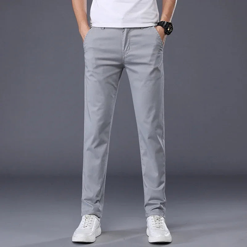 Summer Thin Men's Casual Pants Cotton 7 Colors Classic Style Elastic Straight Slim Fit Business Fashion Long Trousers Male