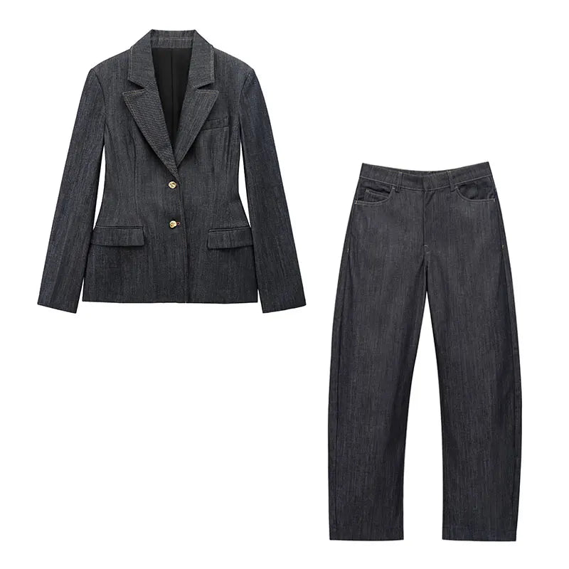 TRAFZA Spring New Denim Blazer Pant Suit Women Solid Single Breasted Coat+Elegant Office Lady Vintage Female Wide Leg Long Jeans