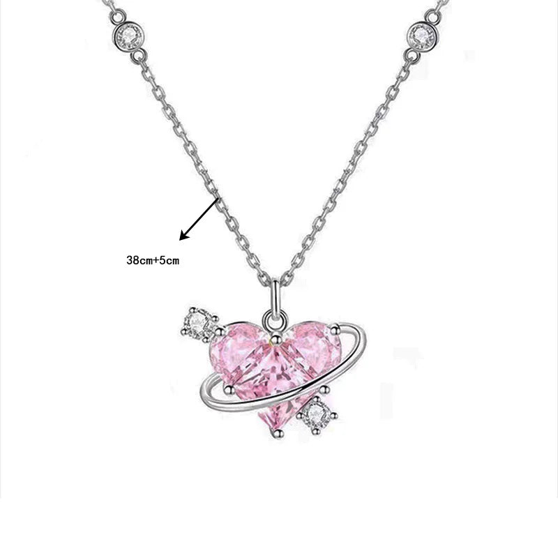 Y2K Pink Planet Heart Zircon Pendant Necklaces For Women