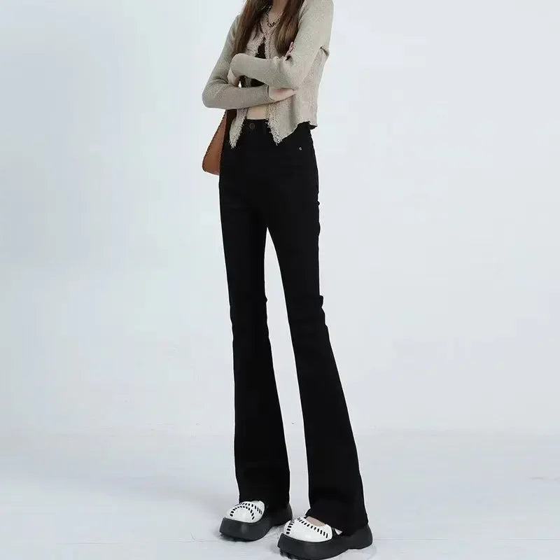 Black High-waisted Slimming Jeans Women's Autumn Winter Petite Bell-bottom Pants Trendy Vintage Horse Leggings Smooth Silhouette
