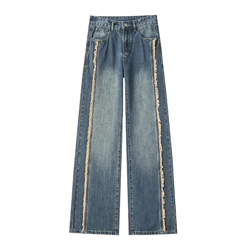 Cotton Wide-leg Women's Baggy Jeans High Waist Distressed Vintage Blue Raw Edge Splicing Y2K Pants Fashion Streetwear Autumn