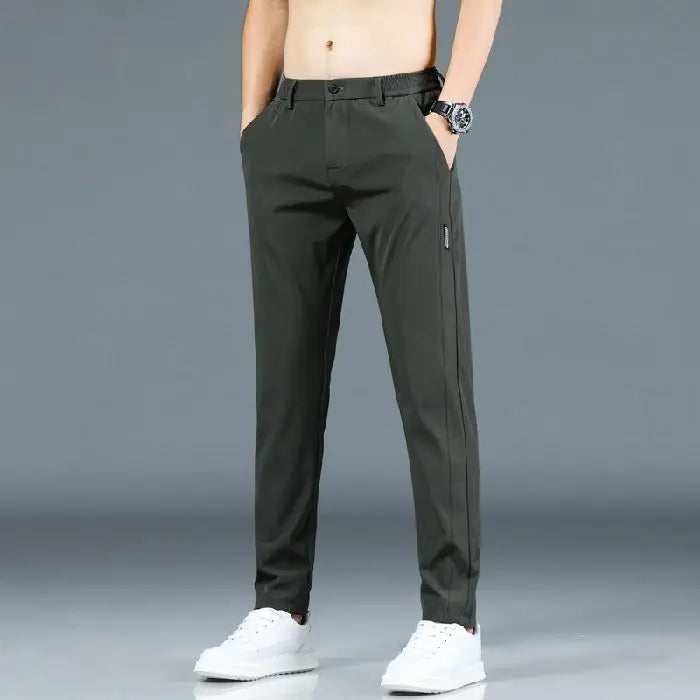 Elastic Men's Casual Trousers Summer Ultra-thin Ice Silk Slim Straight Business Pants Quick-drying Sweatpants Black Gray