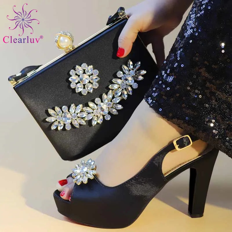 Party Pumps Shoes and Bag Set Decorated with Rhinestone