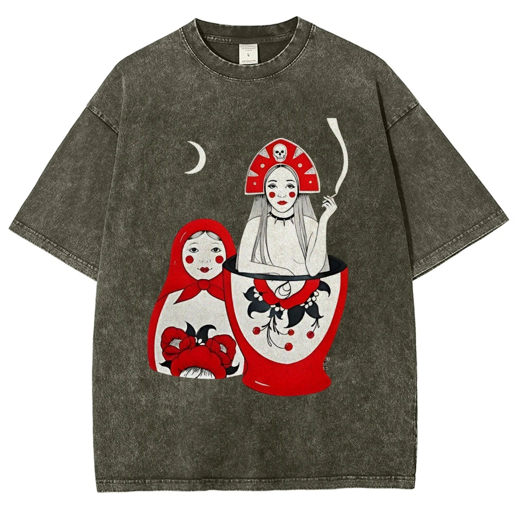 Russian Doll Pattern, Cute Style, Y2k Graphic Tee, Women's Oversized T-Shirt, Cute Hand-Painted Bunny, Korean Style Art, Summer