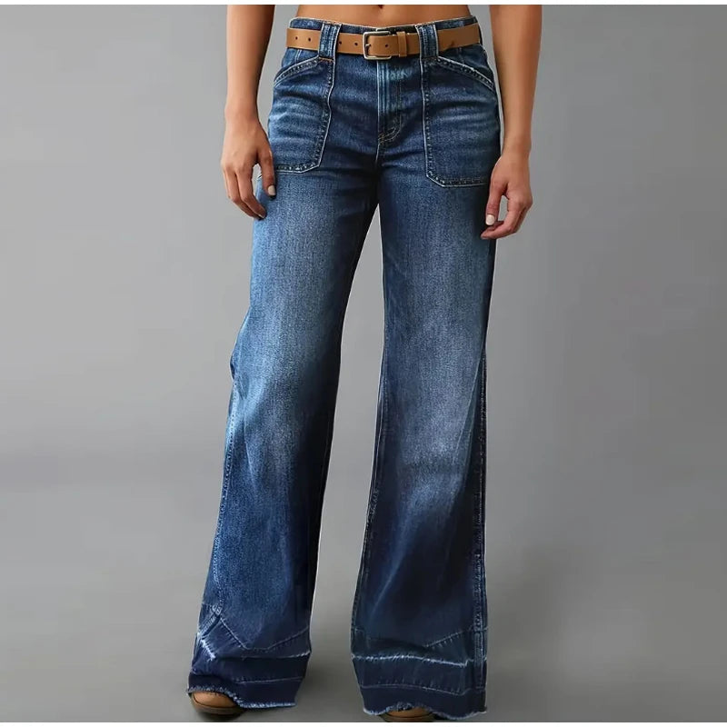 Denim Pants with Pocket Women Vintage Midi Waist Zipper Full Length Trouser Female Do Old Washed Bottom Plus Size Wide Leg Pant