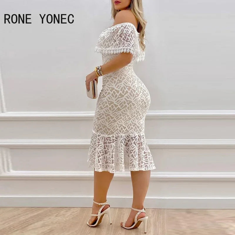 Solid Chic Off Shoulder Ruffle Hem Lace Hem Bodycon Party Dress