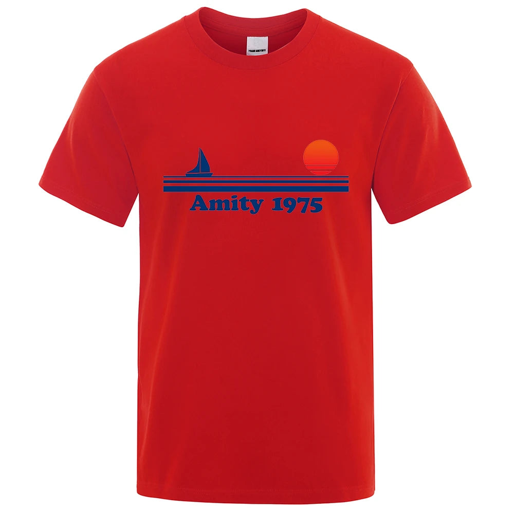 Amity 1975 - Jaws Retro Print Tshirt Men Creativity Sweat Clothing Fashion Tee Clothes T Shirts Breathable Cotton T-Shirts Man