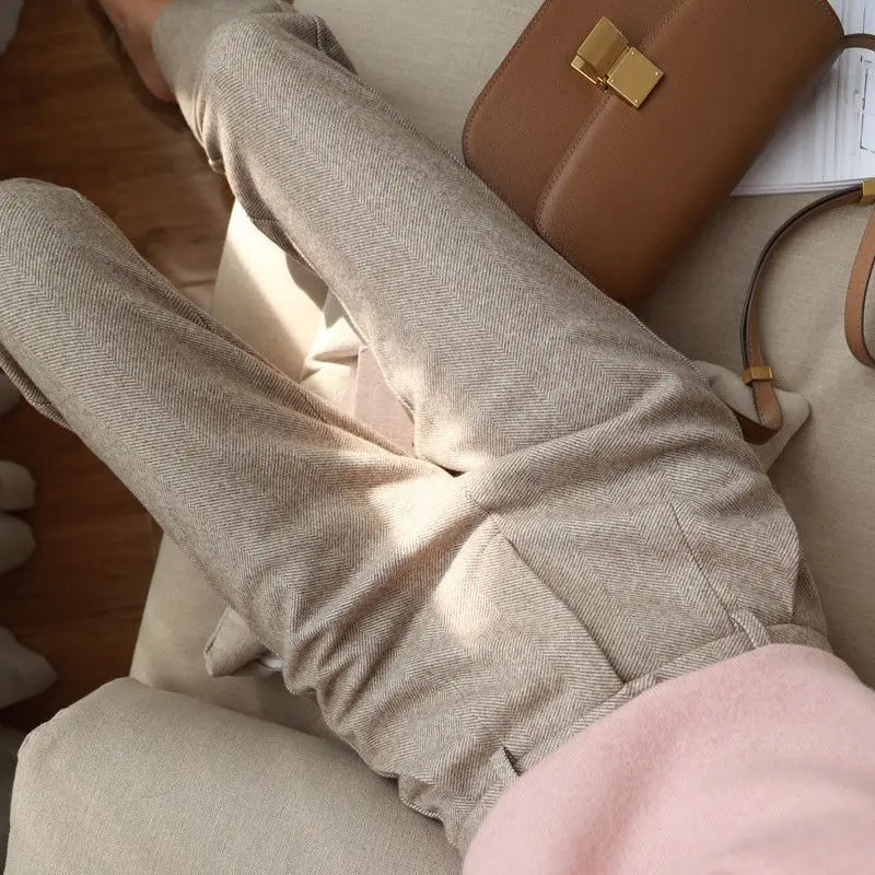 Korean Woolen Pants Women's Autumn Winter Clothing New High Waist Slimming Straight Leg Casual Pants Haren Suit Pants