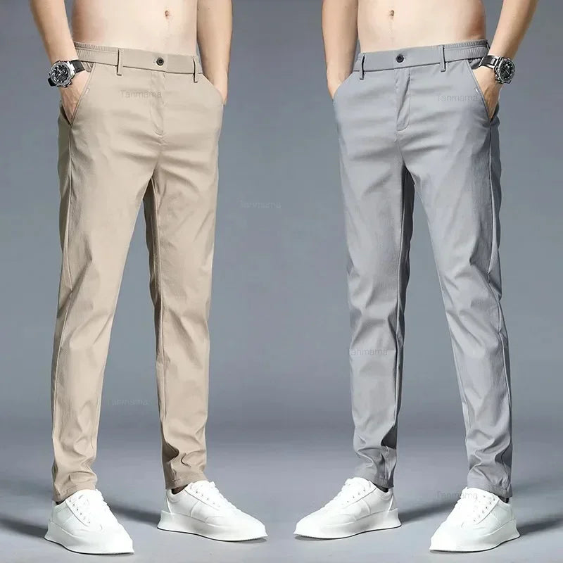 Summer Ultra-thin Men's Casual trousers Slim Straight Elastic Ice Silk Sports Jogging Pants Fashion Korean Black Khaki Green