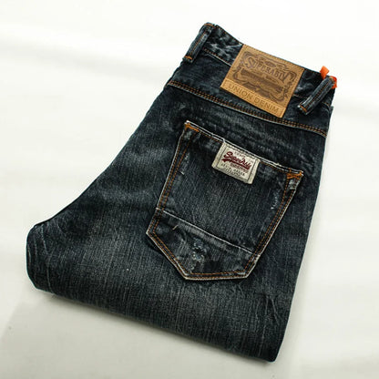 Men Jeans Retro Green Blue Slim Fit Ripped Jeans Men Trousers