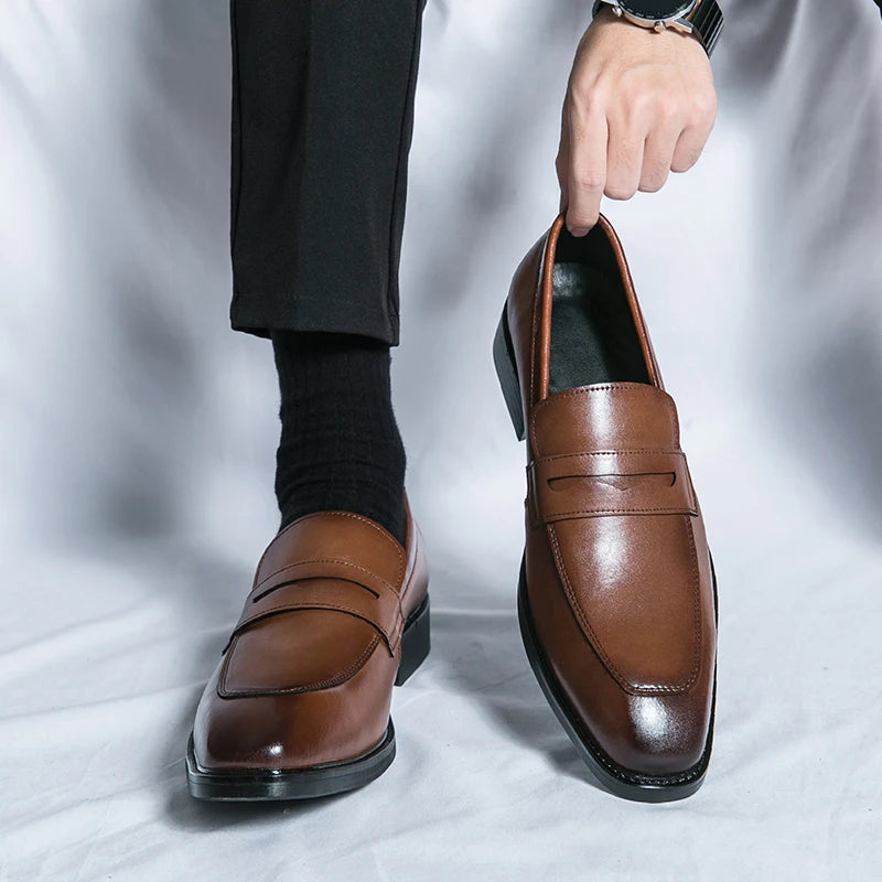 Fashion Penny Loafers Leather Men Shoes Simple Pointed Toe Slip on Dress Business Suit Casual Party Wedding Shoes for Man Brown