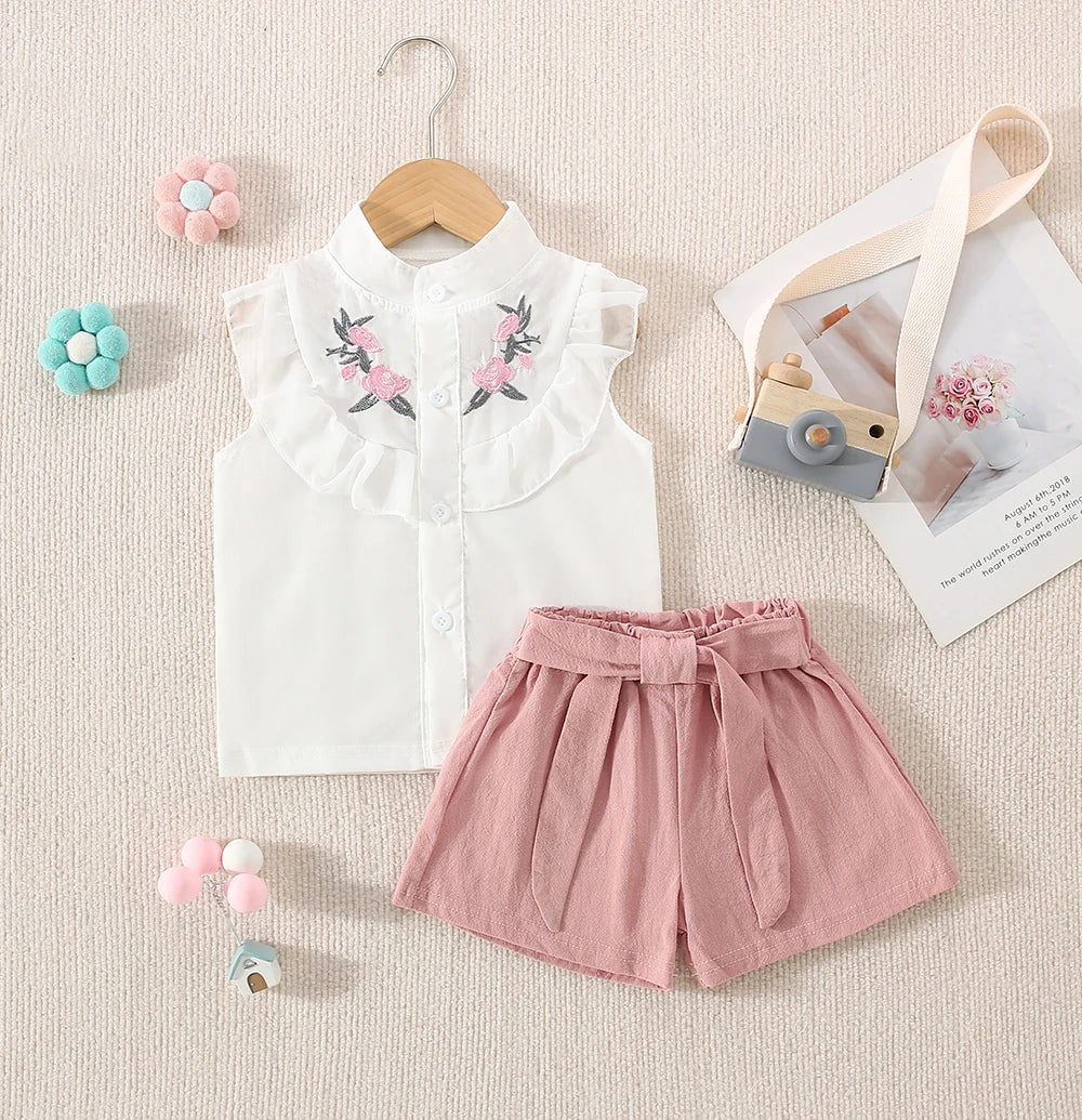 Baby Girl Flower Embroidery Sleeveless Top And Shorts